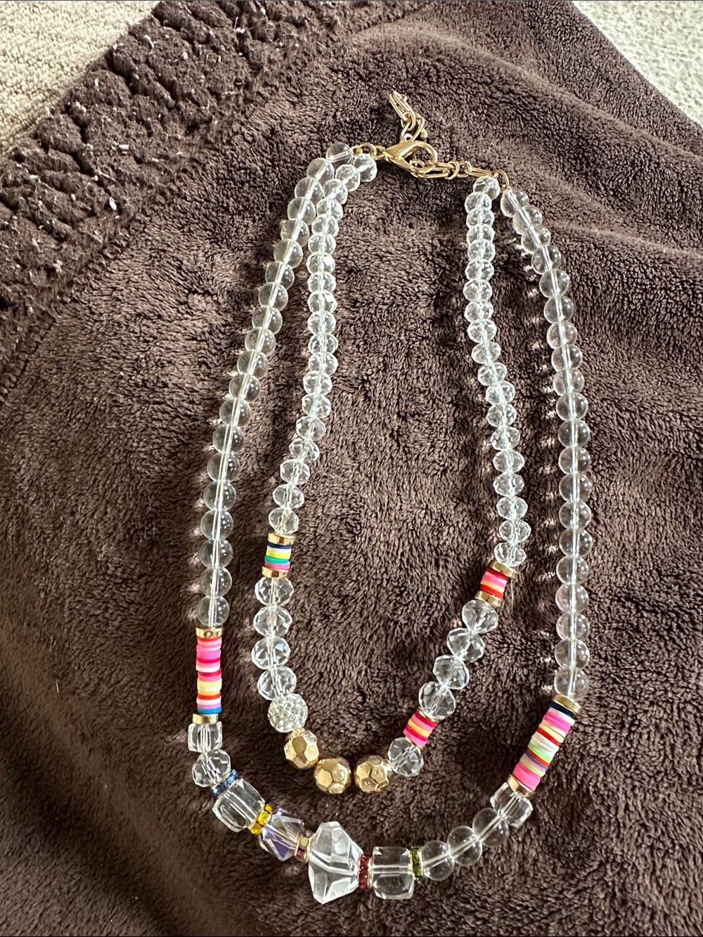 Clear Beaded Layered Necklace with Pink Accent - Unbranded